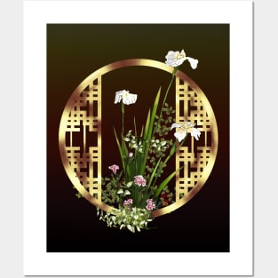 White watercolor irises with a chinese lattice Posters and Art